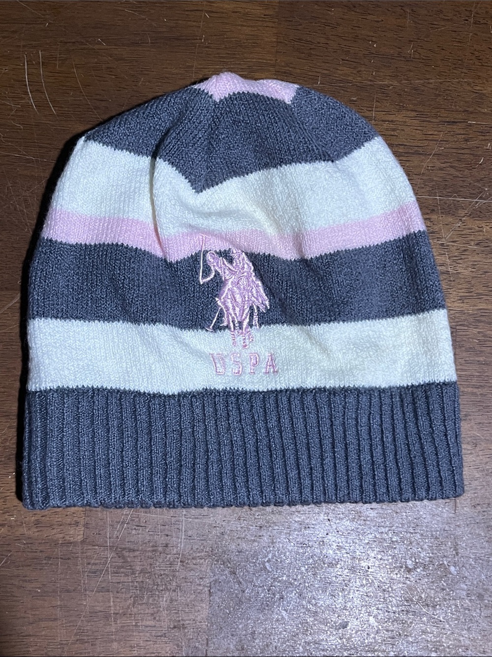 U.S. Polo Assn. Kids Knit Beanie in Gray, White & Pink